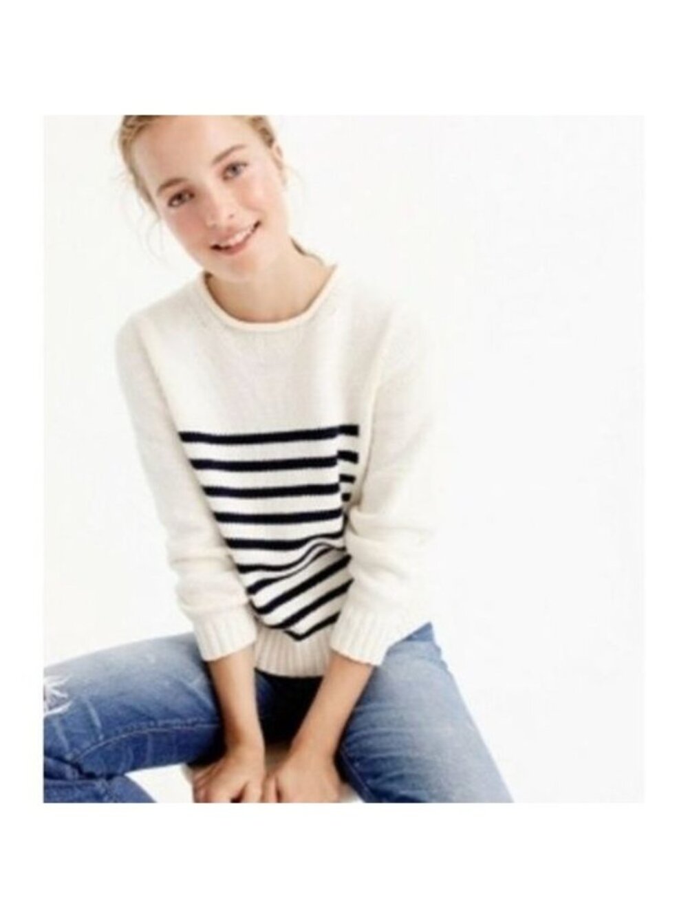 J.Crew 1988 Navy Striped Rollneck Sweater Ivory/Navy Stripe
